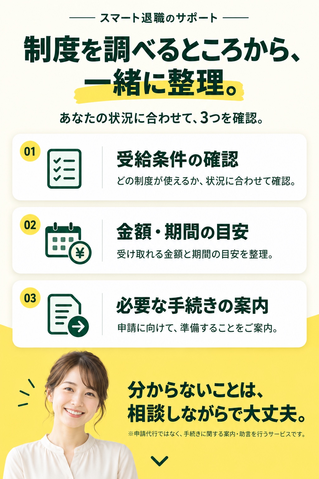 スマート退職のサポート。制度を調べるところから、一緒に整理。受給条件の確認。金額・期間の目安。必要な手続きの案内。申請代行ではなく、手続きに関する案内・助言を行うサービスです。